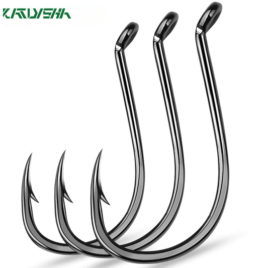 KATUYSHA  50PCS J Hooks 1/0-2/0-3/0-4/0-5/0# Barbed Octopus Fishing Hook High Carbon Steel Offset Fishhooks Black Color Pesca