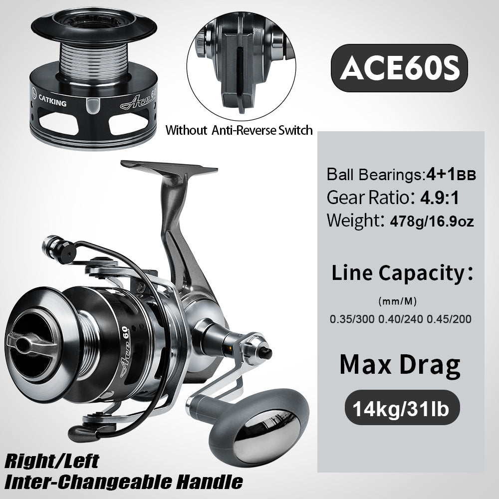 KATUYSHA ACE Spinning Reel, 11+1/5+1/4+1BB, 5.1:1/4.9:1 Gear Ratio, 6kg-14kg Max Drag CNC Aluminum , Left/Right Interchangeable Handle