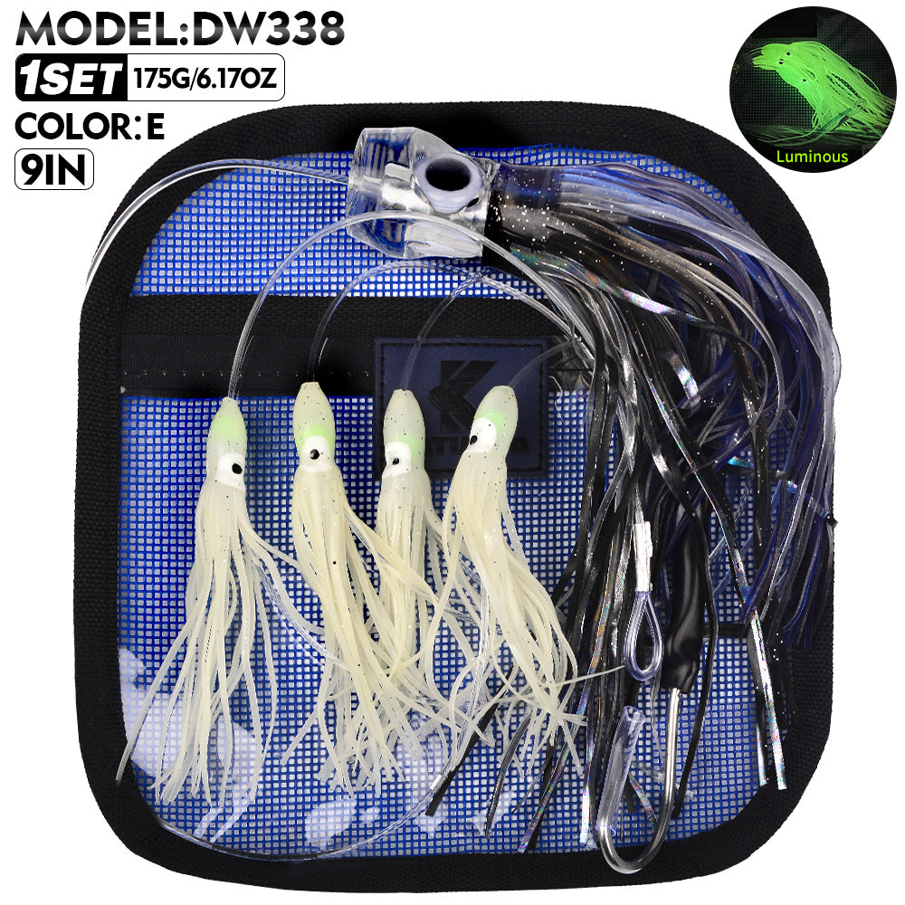 KATYUSHA Squid Trolling Lure Set, 6PCS/Set, 5.9-9.1in, Crystal/Metal Head, with Storage Bag
