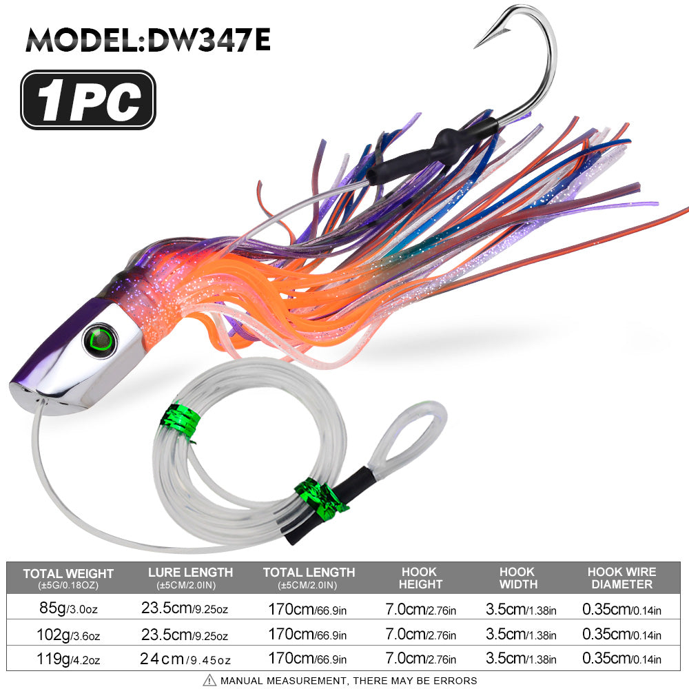 KATYUSHA Squid Trolling Lure, 85g/102g/119g / 23.5/24cm, 170cm Leader (Colors A-E) Metal Head + Green Squid Skirt