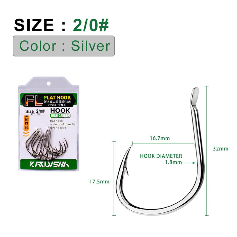 KATUYSHA 10Pcs Barbed Fishing Hooks1/0-5/0# Flatted Single Fishhooks High Carbon Steel Carp Hooks Set Accessories Tool Tackle
