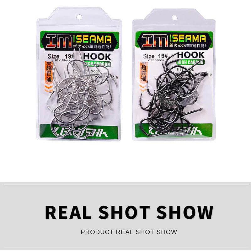 KATUYSHA 30Pcs High Carbon Steel Offset Barbed Fishhooks 11#-20# Flat Carp Fishing Hooks Single Jigging Hooks Accessories Tackle