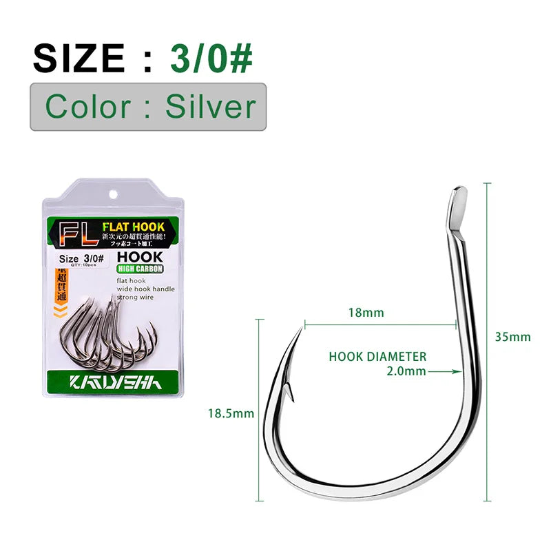 KATUYSHA 10Pcs Barbed Fishing Hooks1/0-5/0# Flatted Single Fishhooks High Carbon Steel Carp Hooks Set Accessories Tool Tackle