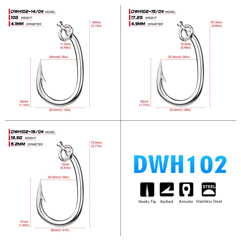 KATUYSHA 20Pcs Saltwater Fishing Hooks Tuna Hooks 10/0-11/0-12/0-13/0-14/0-15/0-16/0# Stainless Steel Fishhooks Jigging Hooks