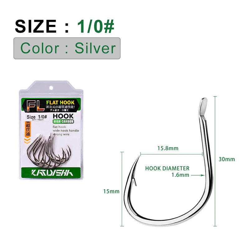 KATUYSHA 10Pcs Barbed Fishing Hooks1/0-5/0# Flatted Single Fishhooks High Carbon Steel Carp Hooks Set Accessories Tool Tackle