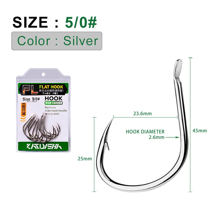 KATUYSHA 10Pcs Barbed Fishing Hooks1/0-5/0# Flatted Single Fishhooks High Carbon Steel Carp Hooks Set Accessories Tool Tackle