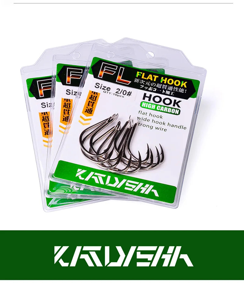 KATUYSHA 10Pcs Barbed Fishing Hooks1/0-5/0# Flatted Single Fishhooks High Carbon Steel Carp Hooks Set Accessories Tool Tackle