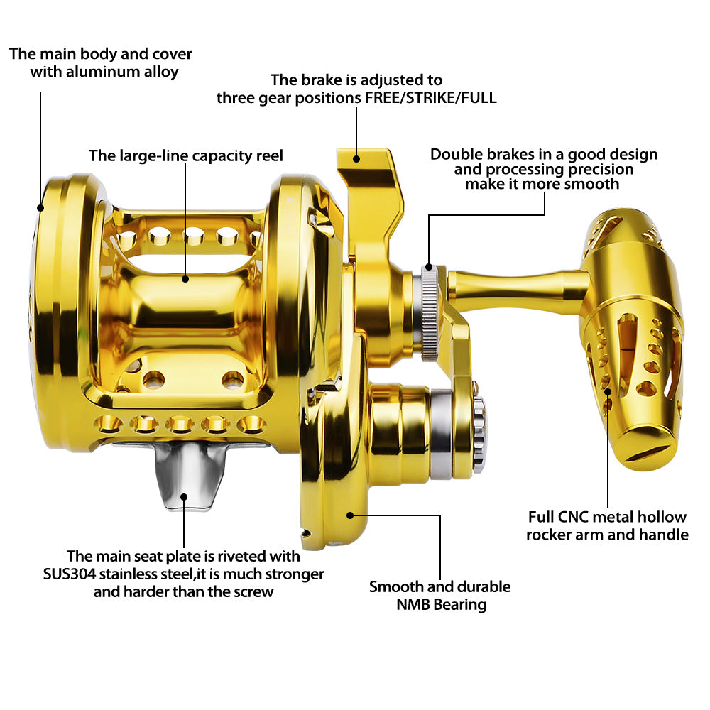 KATUYSHA  JN12L/R02 Gold Hollow Jigging Reel - 40KG Max Drag, Ideal for Fishing & Trolling