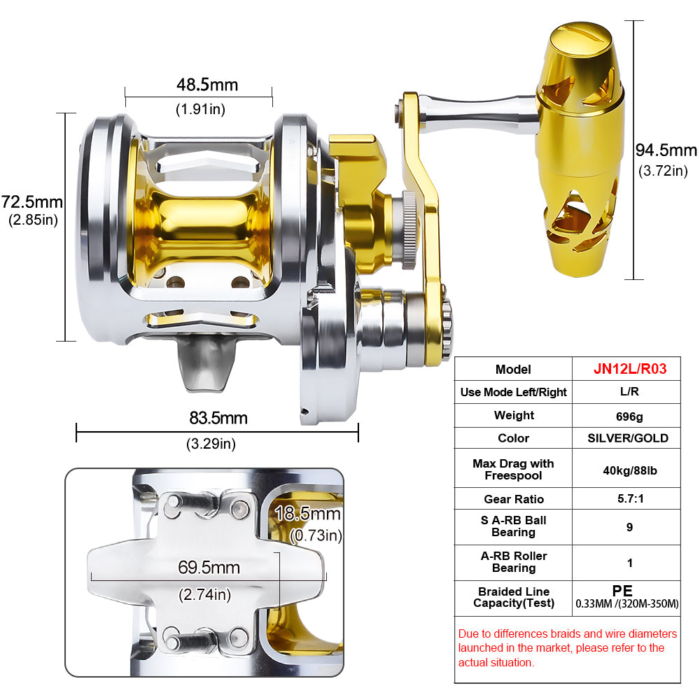 KATUYSHA N12L/R03 Silver - Gold Jigging Reel - 40KG Max Drag, Perfect for Fishing & Trolling