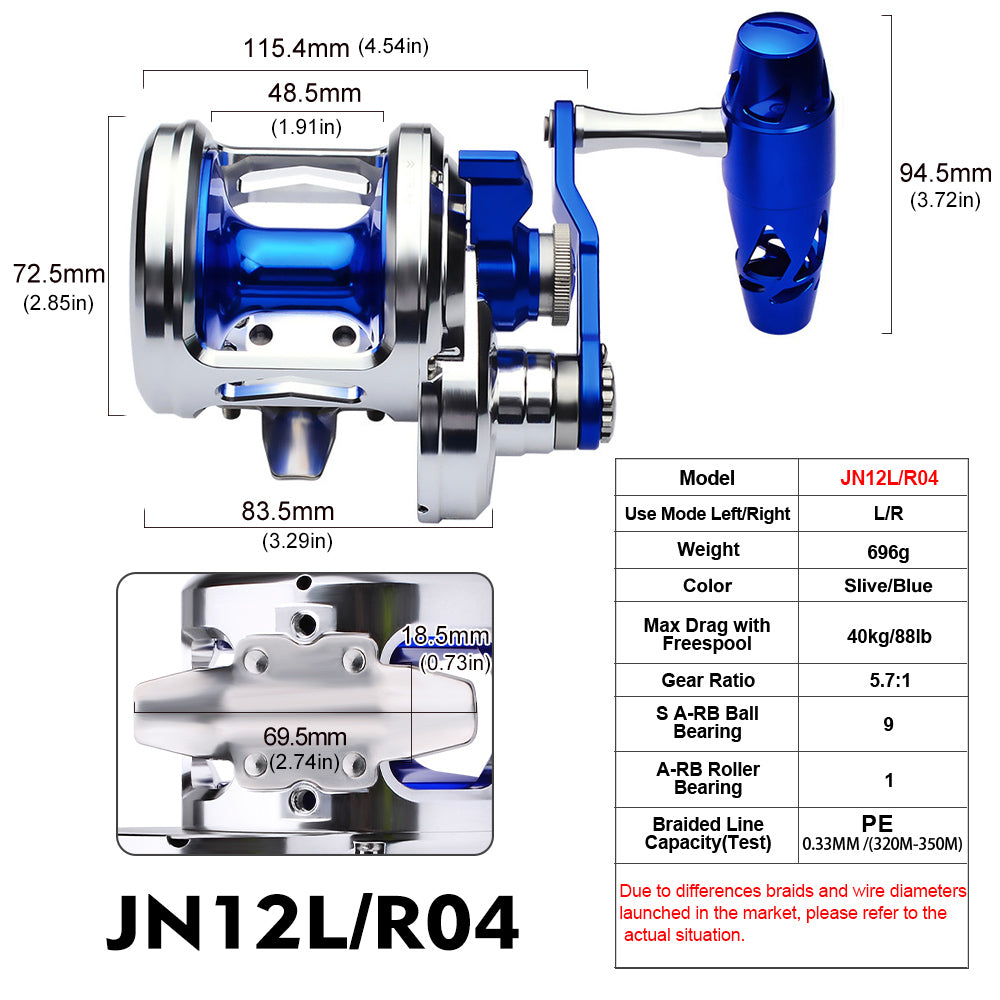 KATUYSHA JN12L/R04 Silver - Blue Jigging Reel: 40KG Max Drag for Fishing & Trolling