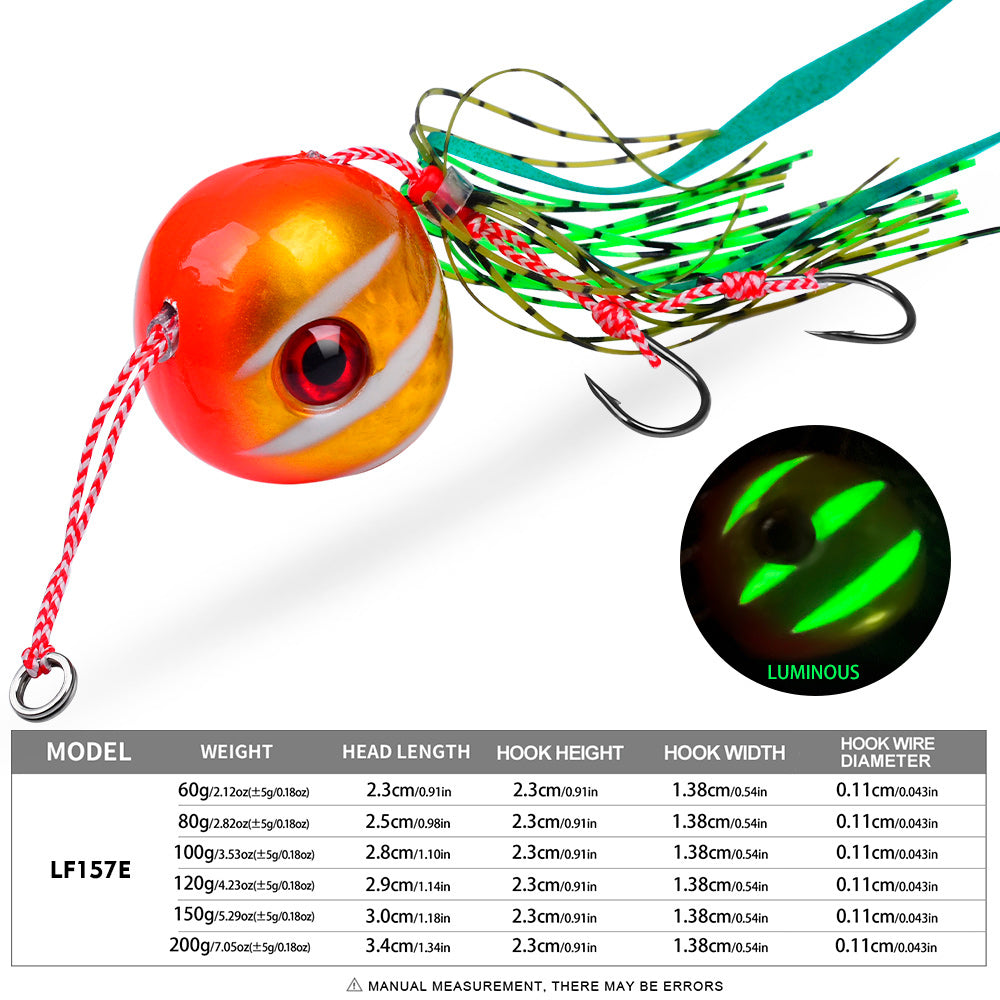 KATYUSHA Tai Rubber Jig Lure, 60g-200g, A-E Colors ;Saltwater Ball Jig Head with Silicone Skirt, Pre-Rigged