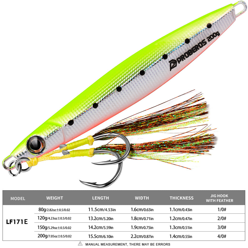 KATYUSHA Saltwater Vertical Jigging Bait, Holographic Gradient Fish Scale Design Metal Jig Lure, 80g-200g, 5 Colors Available with Feather Assist Hook