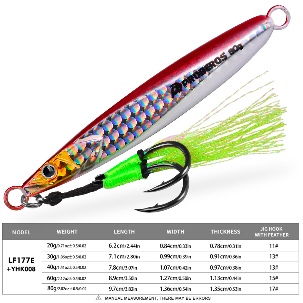 KATYUSHA Metal Jig Lure, 20g-80g, with Feather Assist Hook Saltwater Vertical Jigging Bait, Green Holographic Fish Design