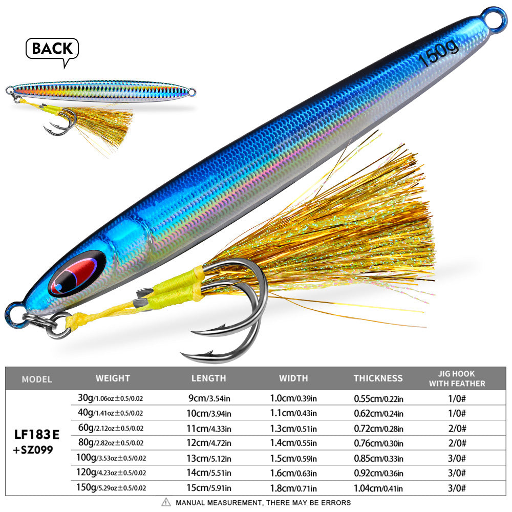 KATYUSHA Metal Jig Lure, 30g-150g, Realistic Fish Scale Design Saltwater Fast Sinking Vertical Jigging Bait(with Feather Assist Hook)