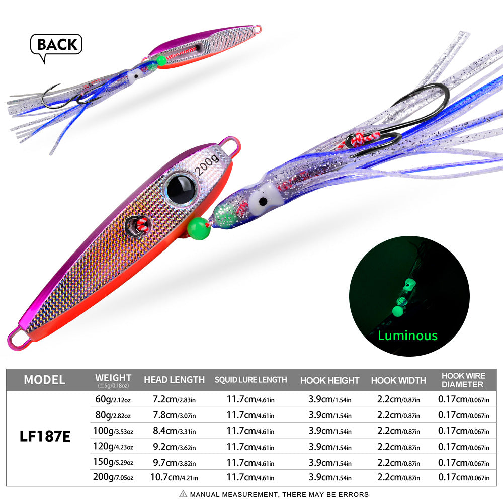 KATYUSHA Metal Jig Lure, 60g-200g, with Luminous Squid Assist Saltwater Deep-Sea Jigging Bait with Squid Skirt