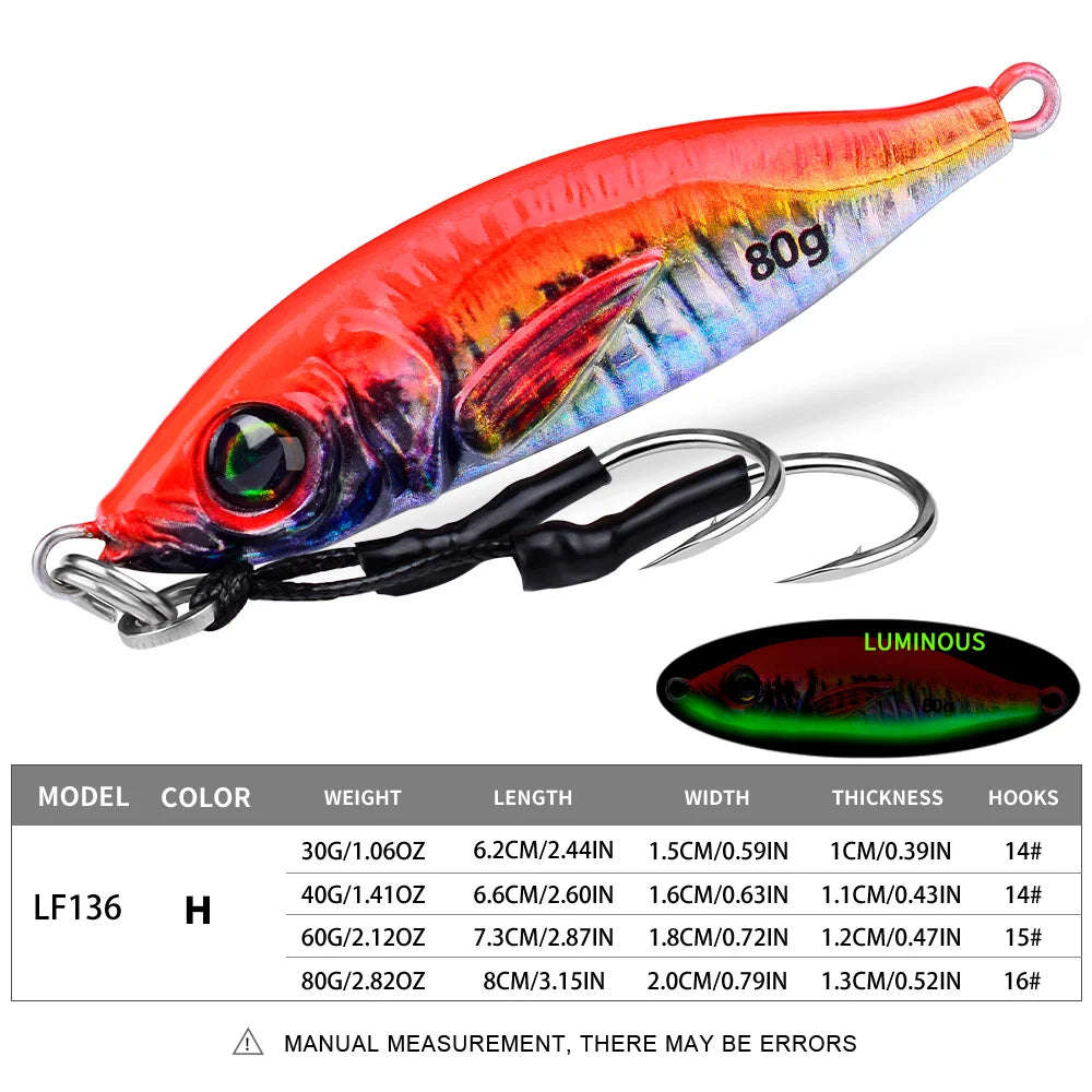 PROBEROS 1PC Luminous Jigging Lure 30-40-60-80g Metal Jigs Fishing Bait Sea Fishing Jig Spoon Trolling Wobbler Hard Isca Pesca