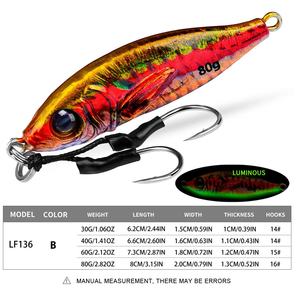 PROBEROS 1PC Luminous Jigging Lure 30-40-60-80g Metal Jigs Fishing Bait Sea Fishing Jig Spoon Trolling Wobbler Hard Isca Pesca