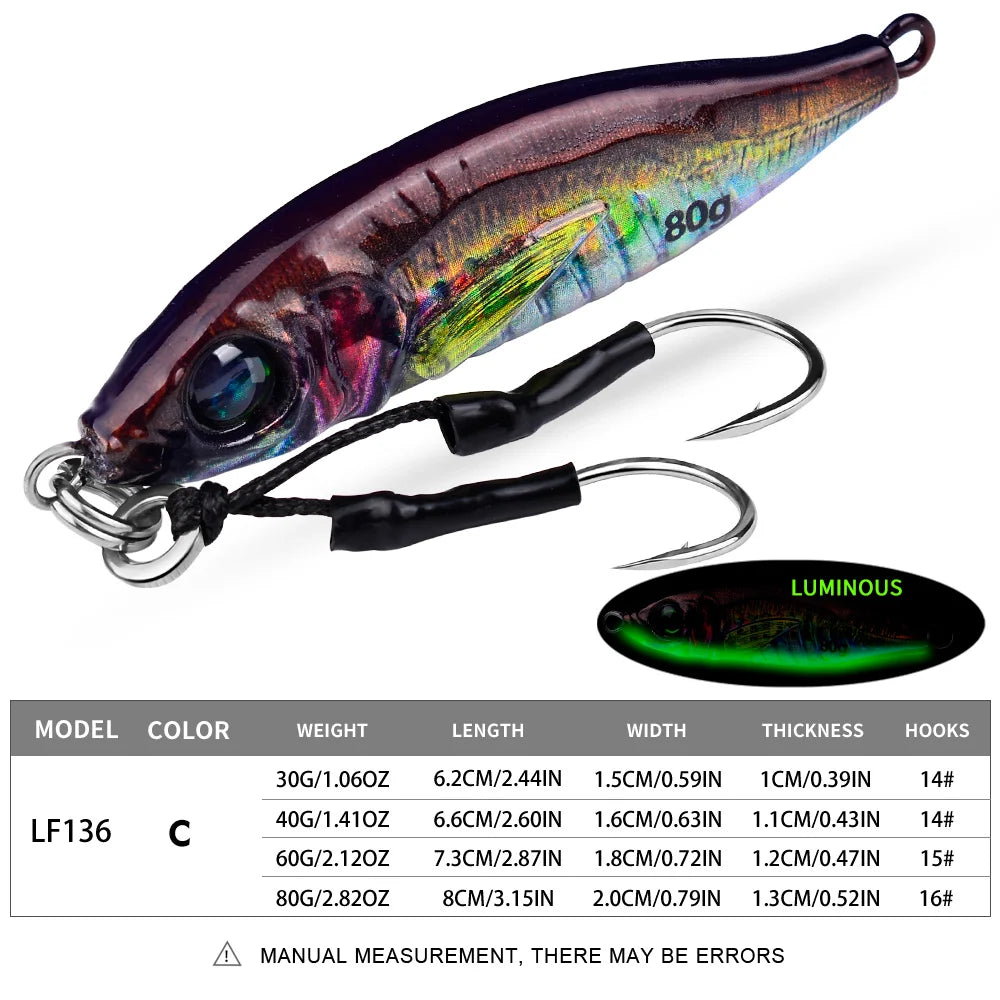 PROBEROS 1PC Luminous Jigging Lure 30-40-60-80g Metal Jigs Fishing Bait Sea Fishing Jig Spoon Trolling Wobbler Hard Isca Pesca