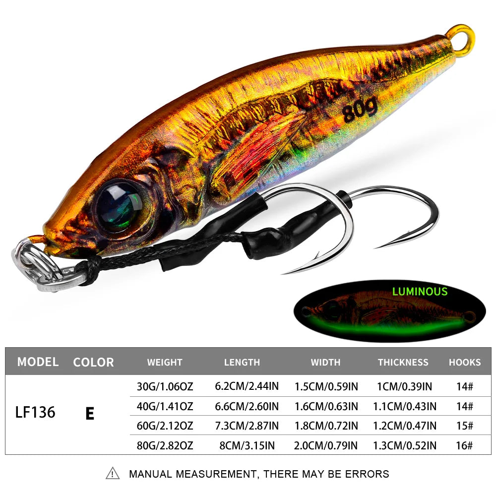 PROBEROS 1PC Luminous Jigging Lure 30-40-60-80g Metal Jigs Fishing Bait Sea Fishing Jig Spoon Trolling Wobbler Hard Isca Pesca