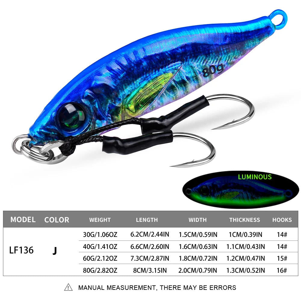 PROBEROS 1PC Luminous Jigging Lure 30-40-60-80g Metal Jigs Fishing Bait Sea Fishing Jig Spoon Trolling Wobbler Hard Isca Pesca