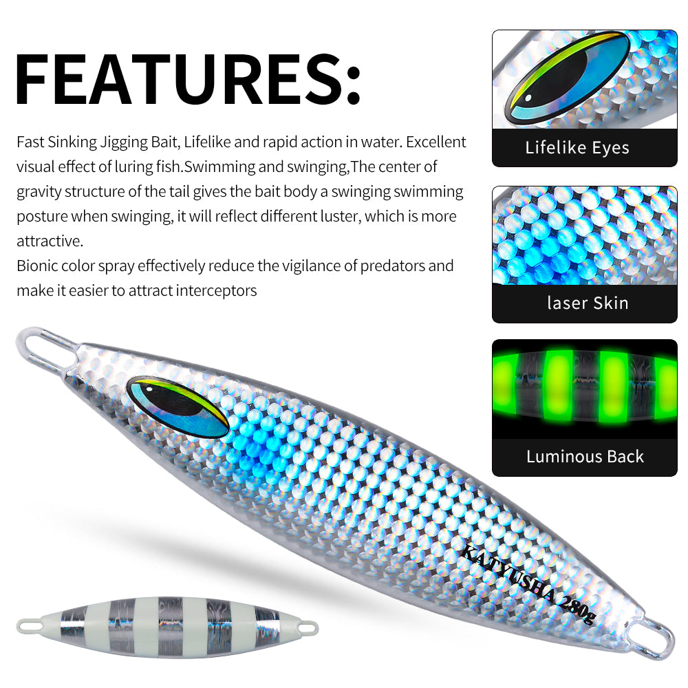 KATUYSHA 180-230-280g Long Throw Metal Lure Seawater Jigging Lure Boat Fishing Bait Glowing Sea Fishing Lure