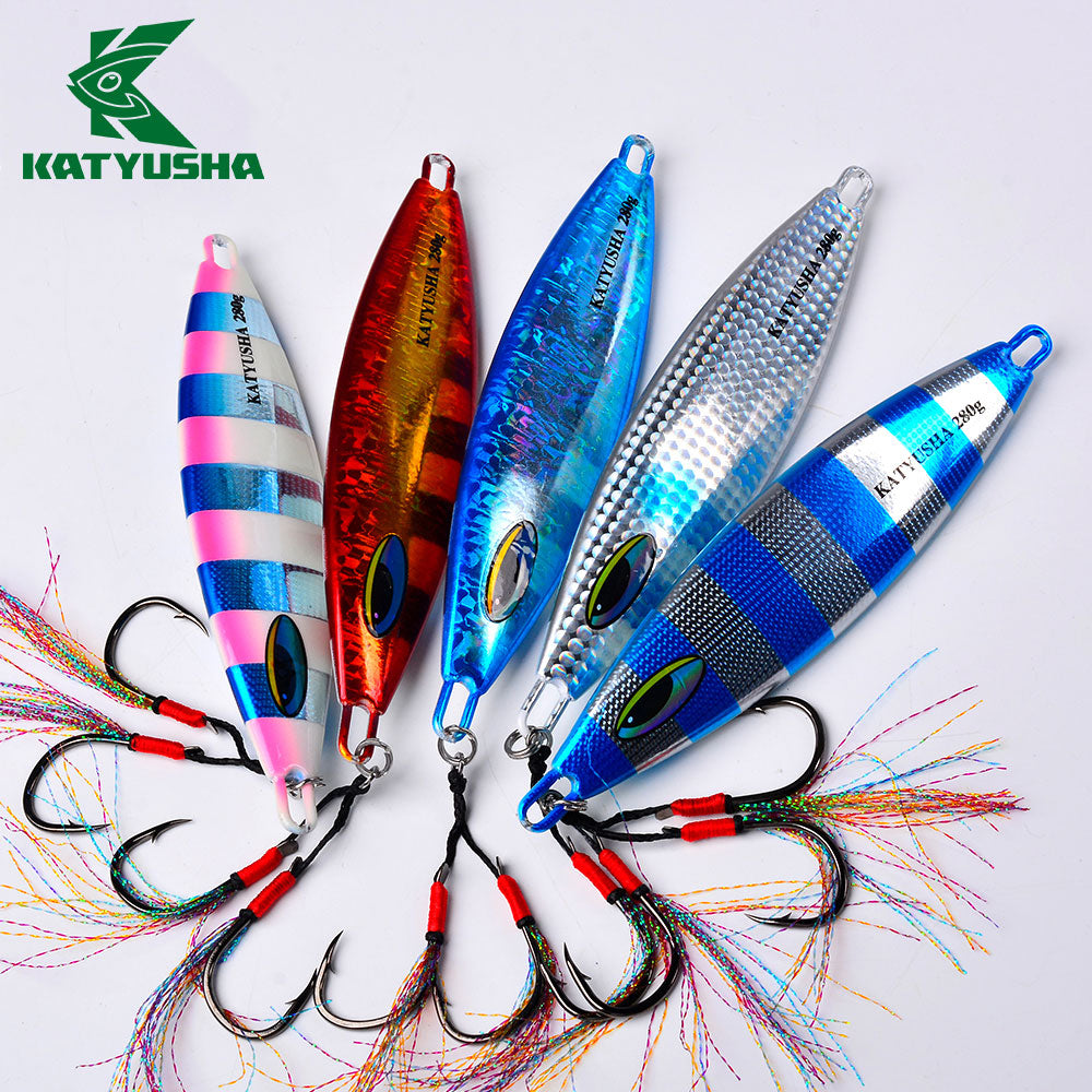 KATYUSHA  180-230-280g Long Throw Metal Lure with Assist Hook Seawater Jigging Lure Boat Fishing Bait Glowing Sea Fishing Lure