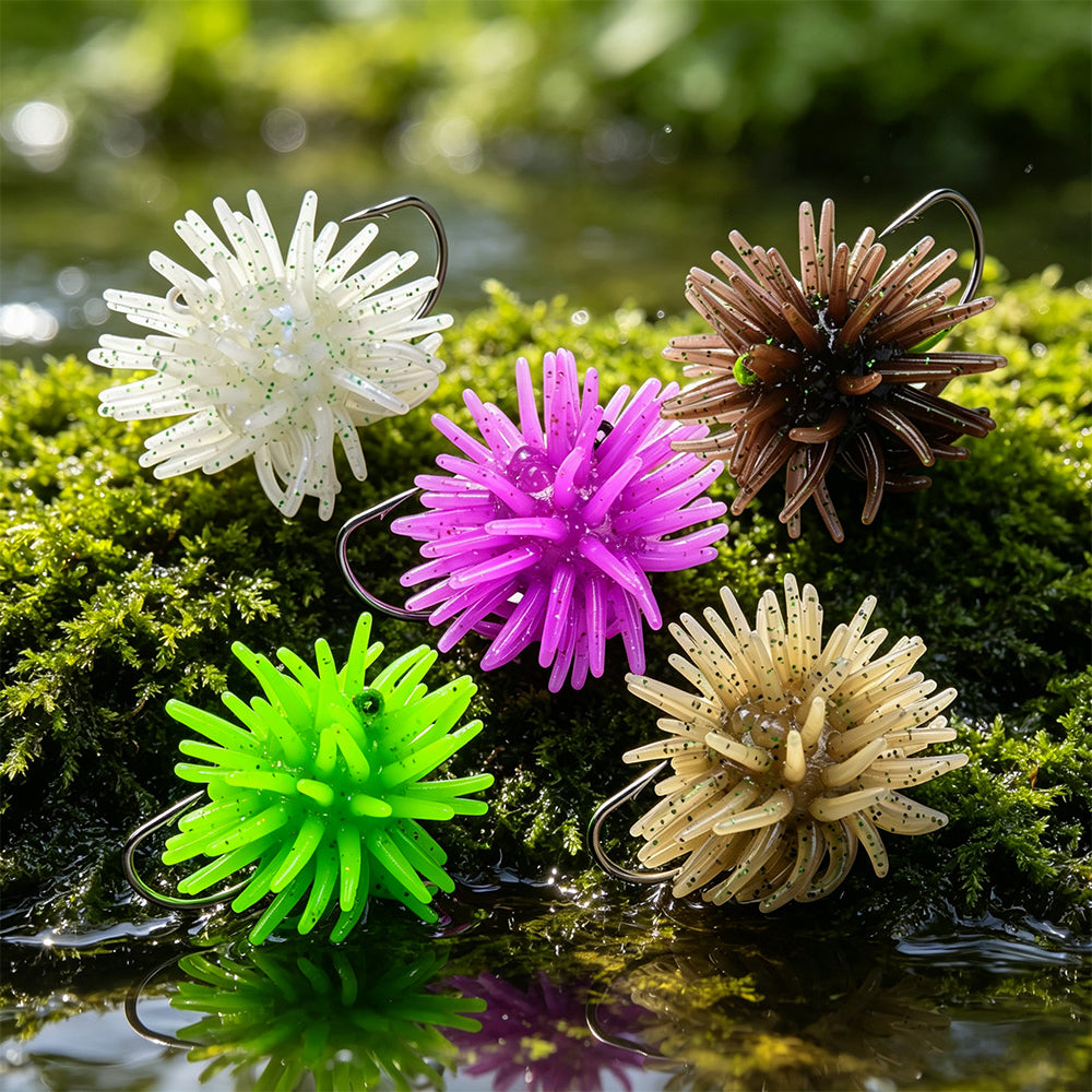 SUNLURE SL1009 Spiky Sea Urchin Pre-Rigged Soft Lure, 2 Sizes 5 Colors Soft Plastic Trout Panfish Stream Fishing Bait
