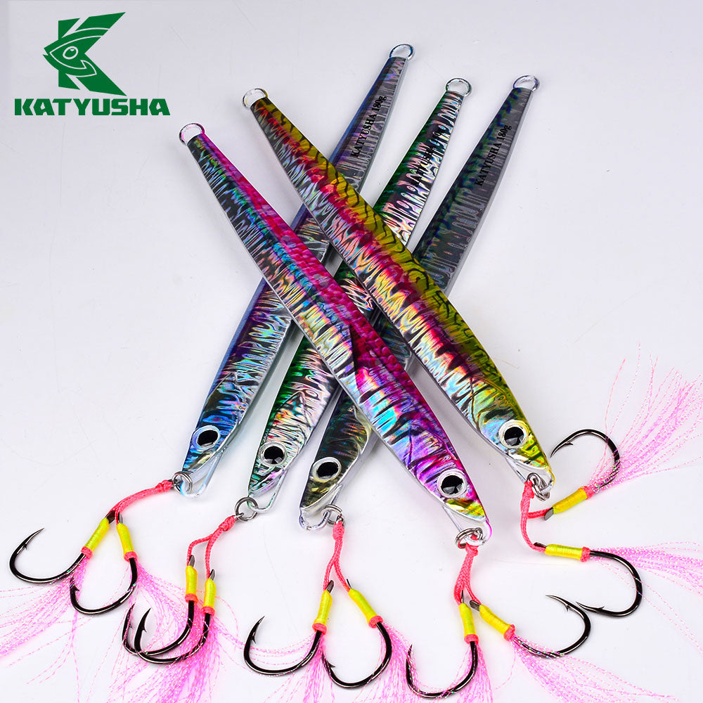 KATYUSHA Saltwater Vertical Jigging Bait, Realistic Holographic Fish Design Metal Jig Lure, 60g-180g, with Assist Hook