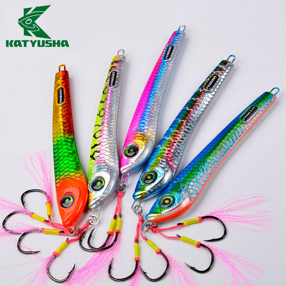 KATYUSHA Metal Jig Lure, 60g-200g, with Assist Hook Saltwater Vertical Jigging Bait, Realistic Holographic Fish Design