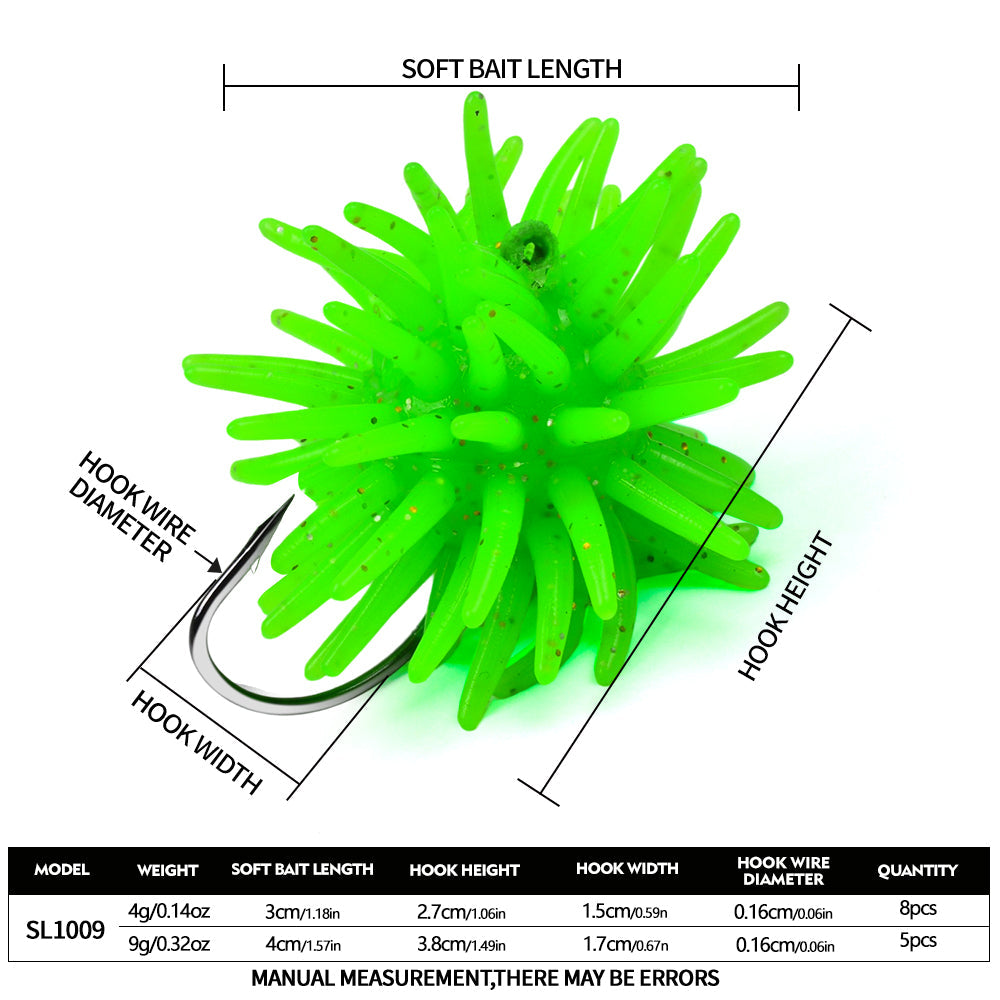 SUNLURE SL1009 Spiky Sea Urchin Pre-Rigged Soft Lure, 2 Sizes 5 Colors Soft Plastic Trout Panfish Stream Fishing Bait