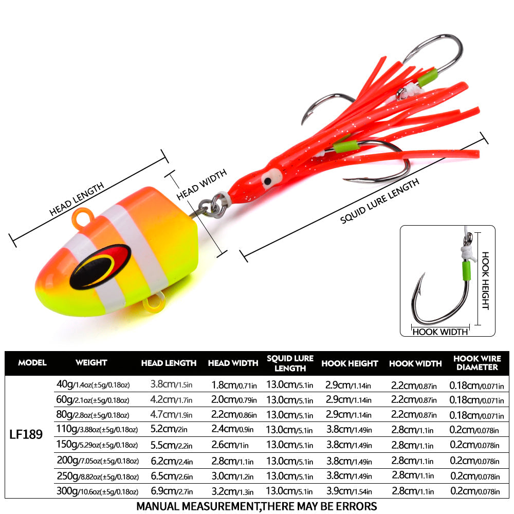 PROBEROS Lead Head Squid Jig Lure Hard Lead Body Multi Weight 40g-300g Saltwater Deep Sea Tuna Grouper Fishing Tackle LF189