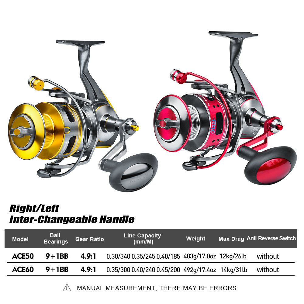 KATUYSHA  ACE Spinning Reel, 11+1/5+1/4+1BB, 5.1:1/4.9:1 Gear Ratio, 6kg-14kg Max Drag CNC Aluminum , Left/Right Interchangeable Handle