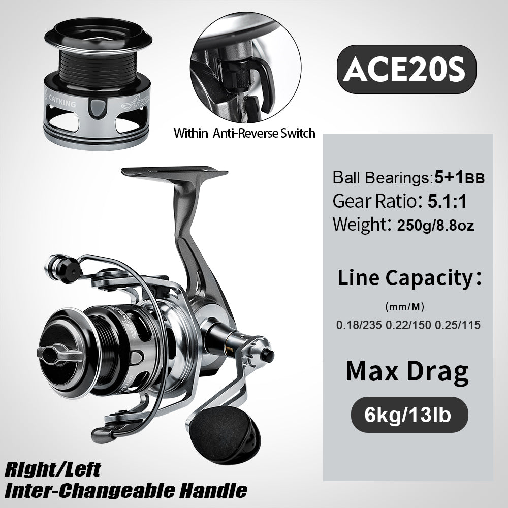 KATUYSHA  ACE Spinning Reel, 11+1/5+1/4+1BB, 5.1:1/4.9:1 Gear Ratio, 6kg-14kg Max Drag CNC Aluminum , Left/Right Interchangeable Handle