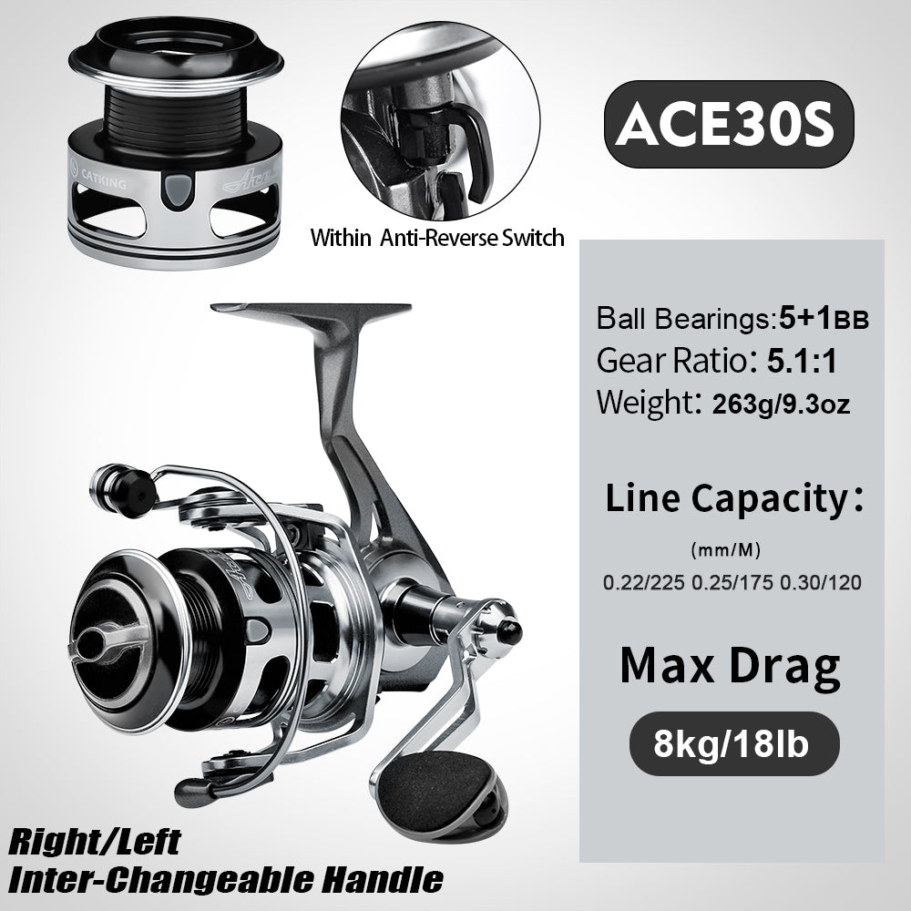 KATUYSHA  ACE Spinning Reel, 11+1/5+1/4+1BB, 5.1:1/4.9:1 Gear Ratio, 6kg-14kg Max Drag CNC Aluminum , Left/Right Interchangeable Handle