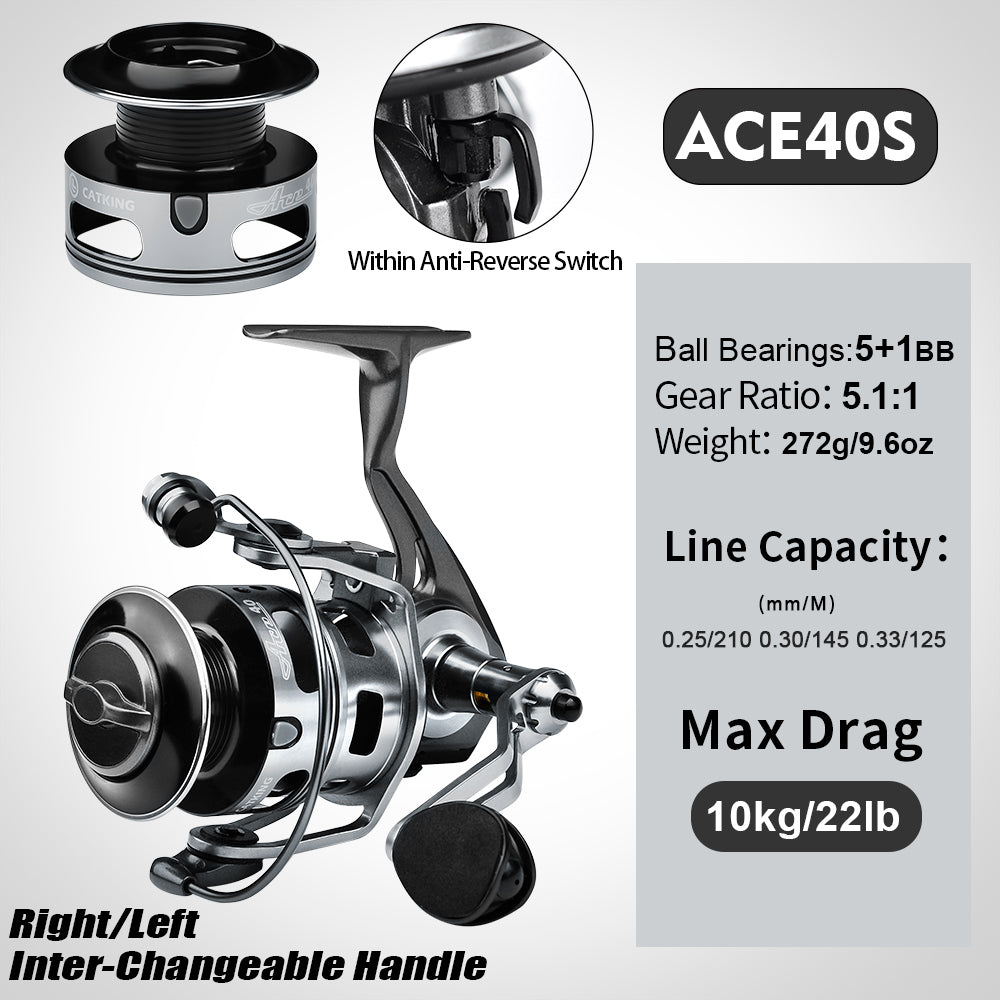KATUYSHA  ACE Spinning Reel, 11+1/5+1/4+1BB, 5.1:1/4.9:1 Gear Ratio, 6kg-14kg Max Drag CNC Aluminum , Left/Right Interchangeable Handle