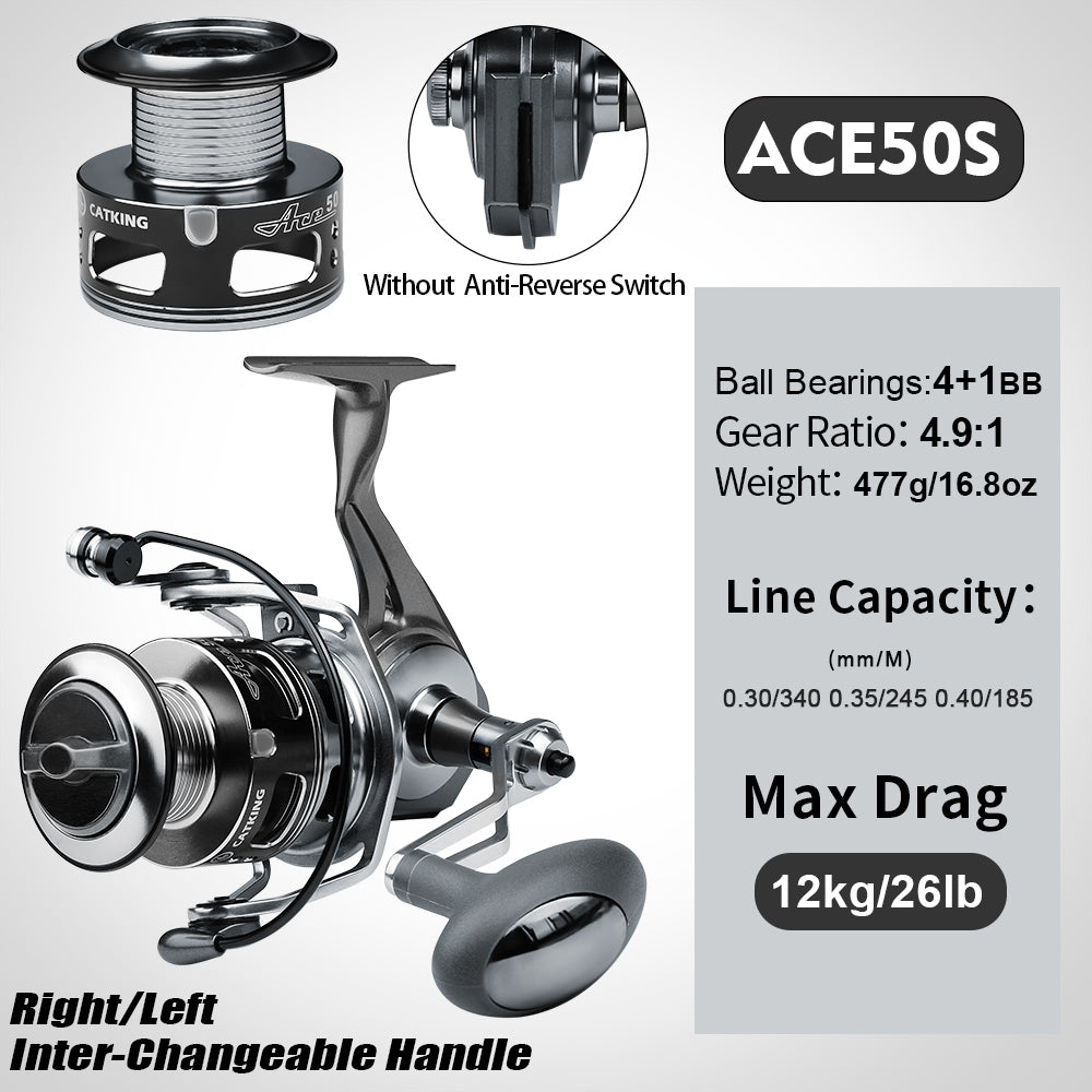 KATUYSHA  ACE Spinning Reel, 11+1/5+1/4+1BB, 5.1:1/4.9:1 Gear Ratio, 6kg-14kg Max Drag CNC Aluminum , Left/Right Interchangeable Handle