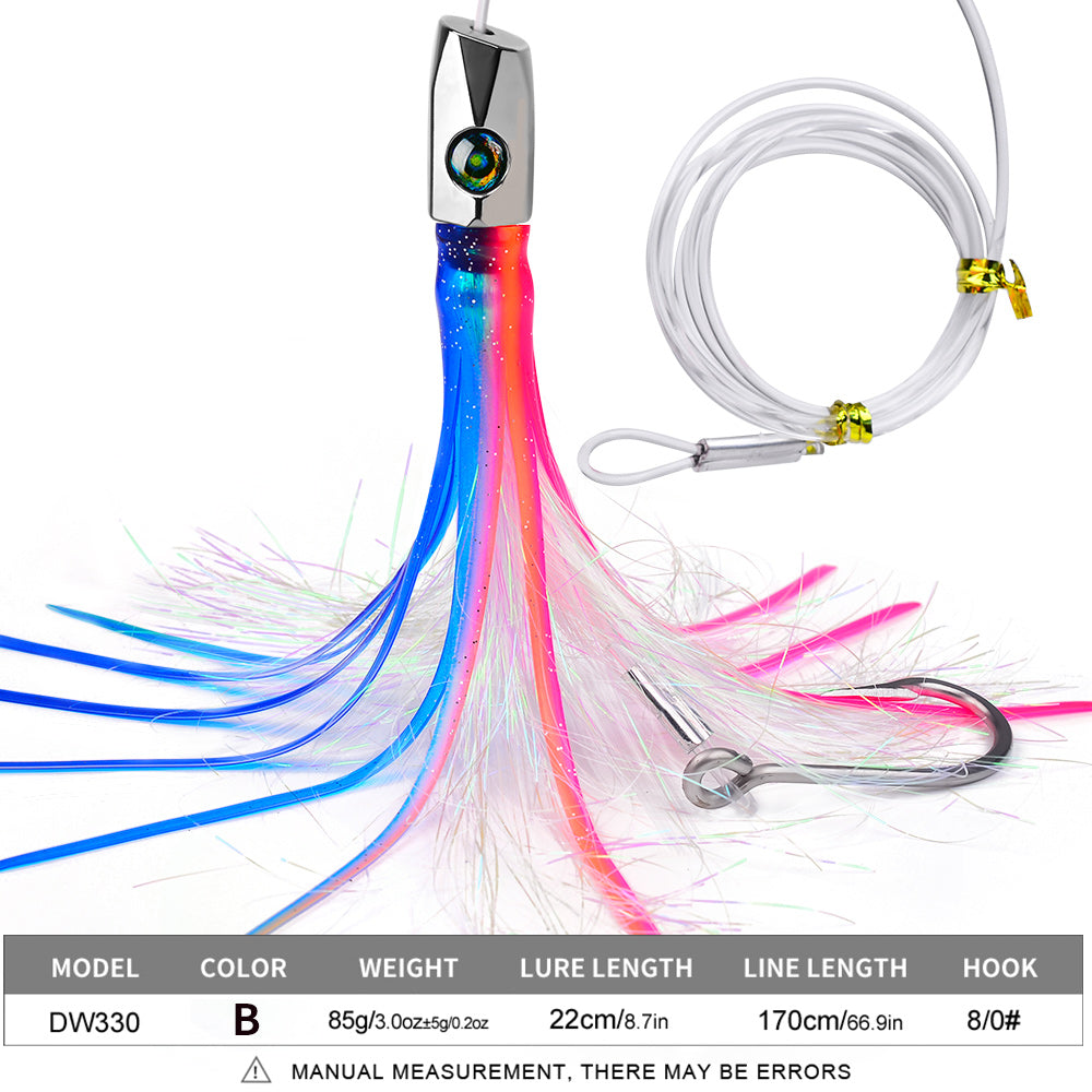 KATYUSHA Squid Trolling Lure, 85g, 22cm, 5PCS Set, with 8/0# Hook &amp; 170cm Leader, Pre-Rigged Squid Skirt, for Tuna Marlin Mahi-Mahi