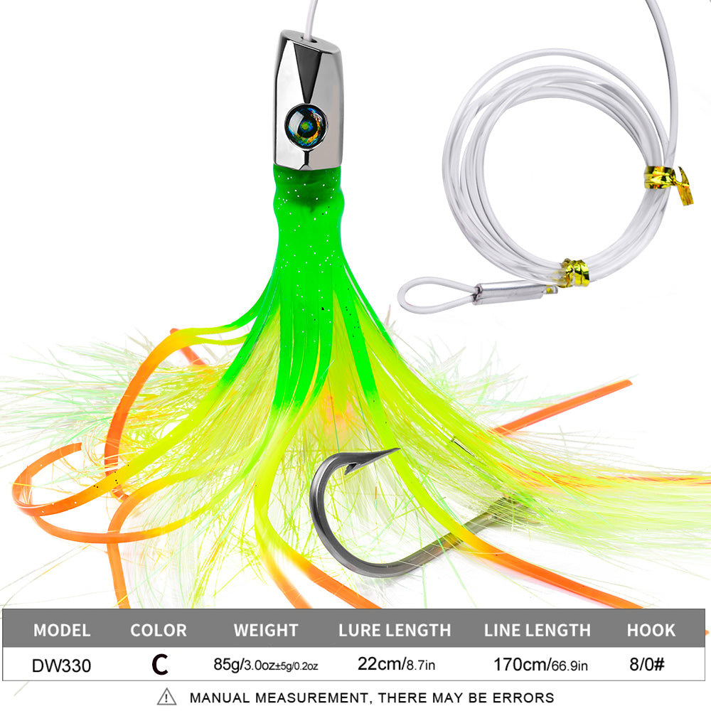 KATYUSHA Squid Trolling Lure, 85g, 22cm, 5PCS Set, with 8/0# Hook &amp; 170cm Leader, Pre-Rigged Squid Skirt, for Tuna Marlin Mahi-Mahi