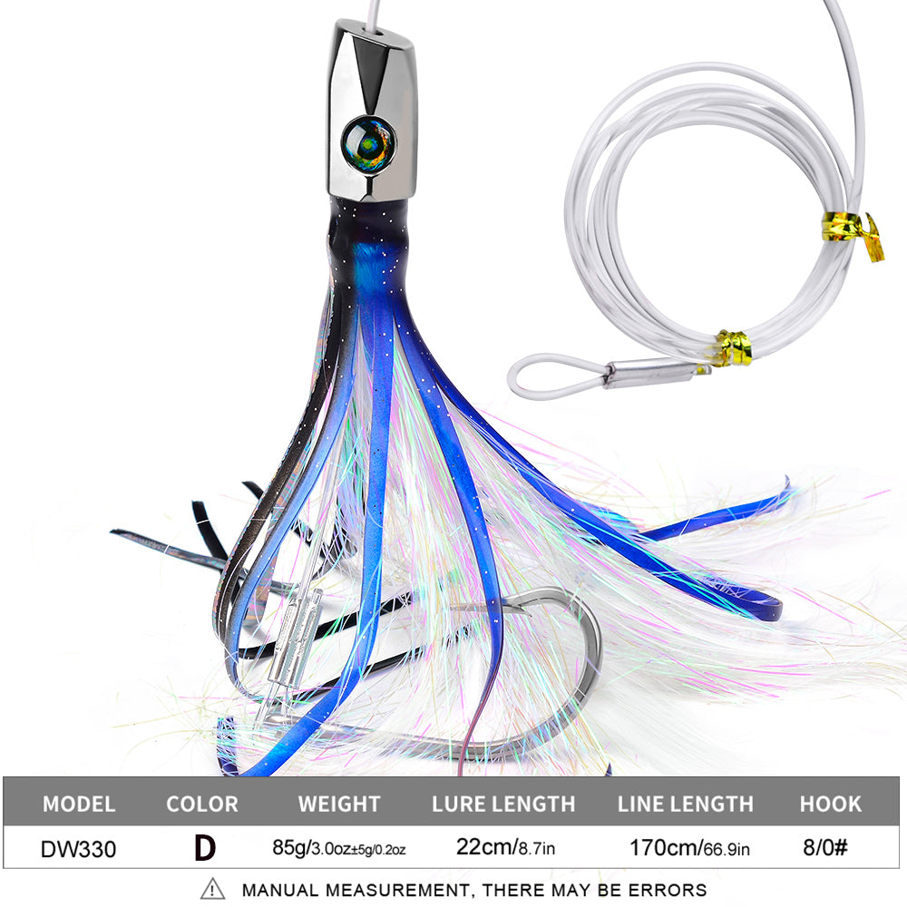 KATYUSHA Squid Trolling Lure, 85g, 22cm, 5PCS Set, with 8/0# Hook &amp; 170cm Leader, Pre-Rigged Squid Skirt, for Tuna Marlin Mahi-Mahi