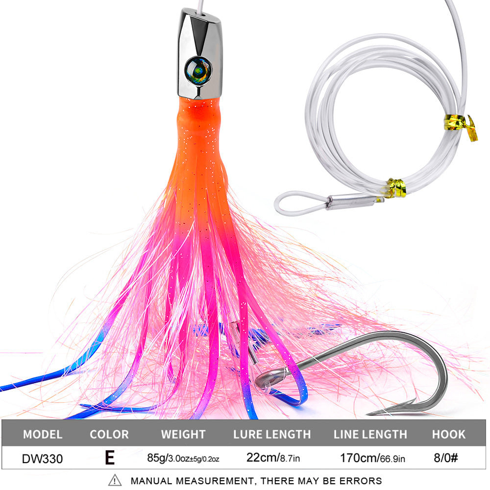KATYUSHA Squid Trolling Lure, 85g, 22cm, 5PCS Set, with 8/0# Hook &amp; 170cm Leader, Pre-Rigged Squid Skirt, for Tuna Marlin Mahi-Mahi