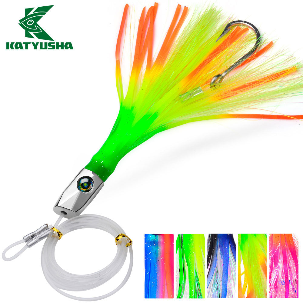 KATYUSHA Squid Trolling Lure, 85g, 22cm, 5PCS Set, with 8/0# Hook &amp; 170cm Leader, Pre-Rigged Squid Skirt, for Tuna Marlin Mahi-Mahi