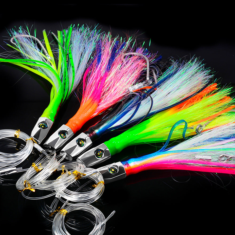 KATYUSHA Squid Trolling Lure, 85g, 22cm, 5PCS Set, with 8/0# Hook &amp; 170cm Leader, Pre-Rigged Squid Skirt, for Tuna Marlin Mahi-Mahi