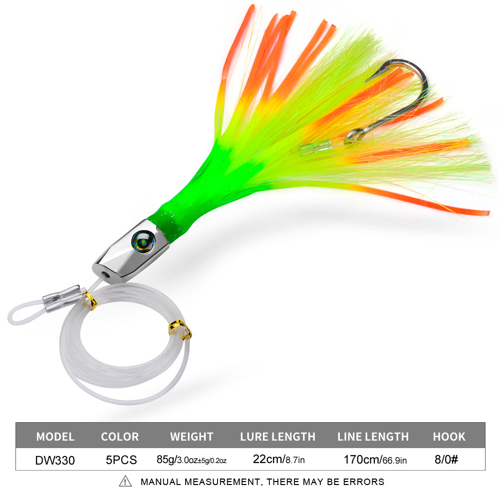 KATYUSHA Squid Trolling Lure, 85g, 22cm, 5PCS Set, with 8/0# Hook &amp; 170cm Leader, Pre-Rigged Squid Skirt, for Tuna Marlin Mahi-Mahi