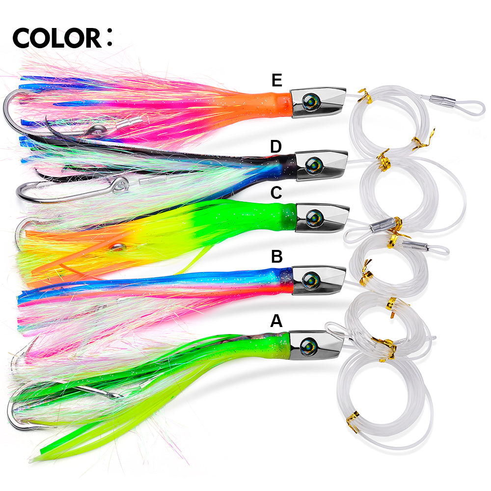 KATYUSHA Squid Trolling Lure, 85g, 22cm, 5PCS Set, with 8/0# Hook &amp; 170cm Leader, Pre-Rigged Squid Skirt, for Tuna Marlin Mahi-Mahi