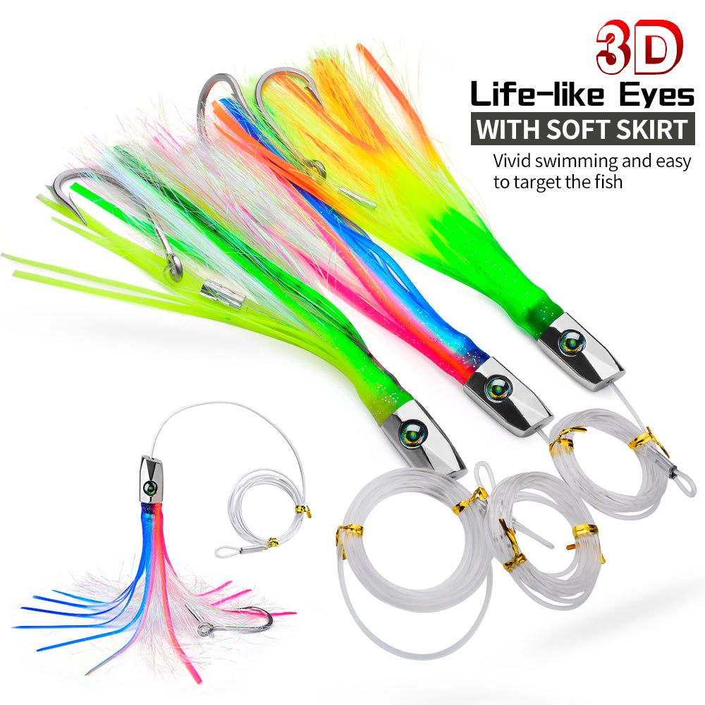 KATYUSHA Squid Trolling Lure, 85g, 22cm, 5PCS Set, with 8/0# Hook &amp; 170cm Leader, Pre-Rigged Squid Skirt, for Tuna Marlin Mahi-Mahi