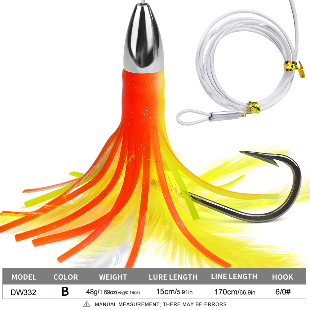 KATYUSHA Squid Trolling Lure, 48g / 15cm, Pre-Rigged with 6/0# Hook &amp; 170cm Leader, Fluorescent Green Squid Trolling Bait