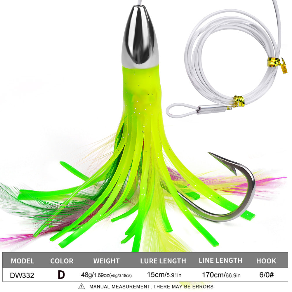 KATYUSHA Squid Trolling Lure, 48g / 15cm, Pre-Rigged with 6/0# Hook &amp; 170cm Leader, Fluorescent Green Squid Trolling Bait