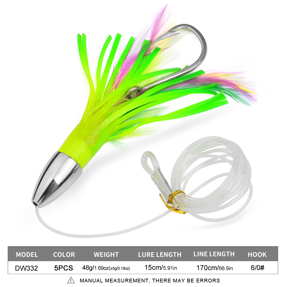 KATYUSHA Squid Trolling Lure, 48g / 15cm, Pre-Rigged with 6/0# Hook &amp; 170cm Leader, Fluorescent Green Squid Trolling Bait