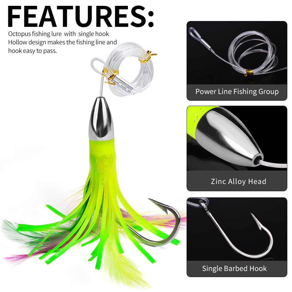 KATYUSHA Squid Trolling Lure, 48g / 15cm, Pre-Rigged with 6/0# Hook &amp; 170cm Leader, Fluorescent Green Squid Trolling Bait