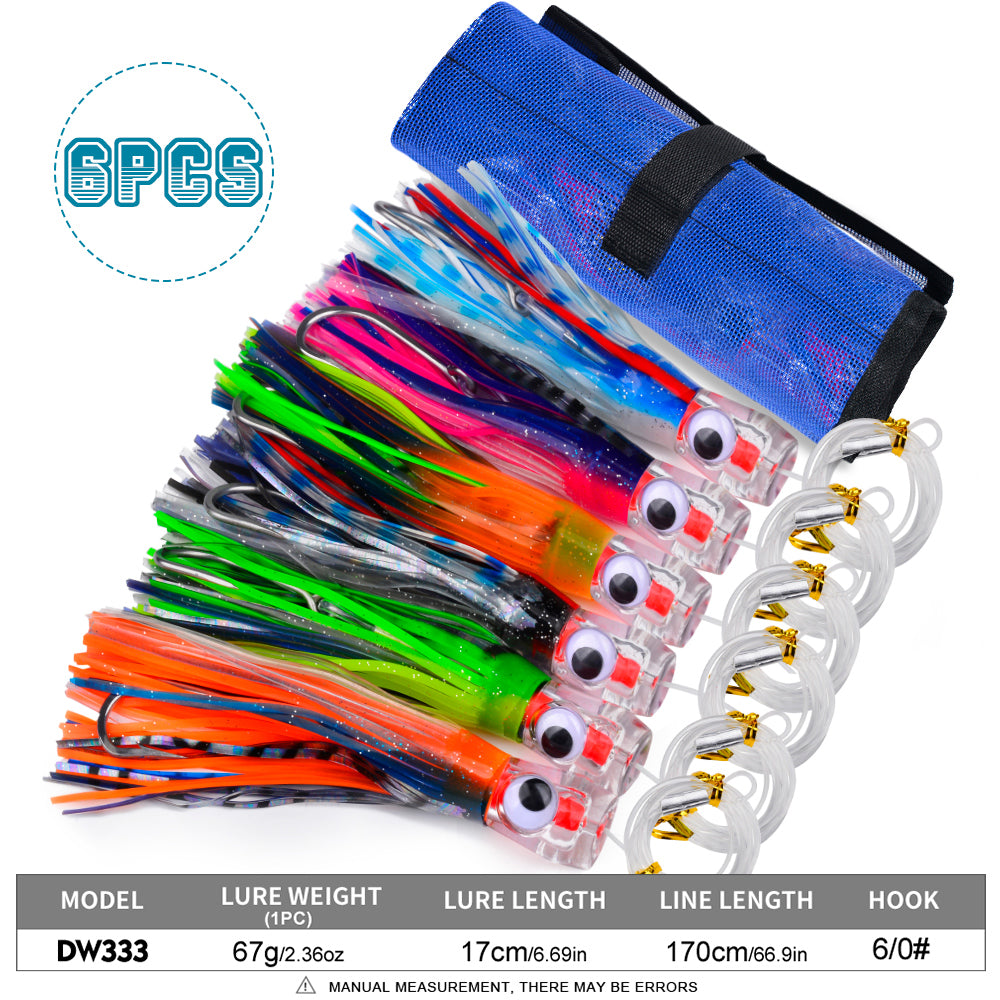 KATYUSHA Trolling Lure Set for Big Game Deep Sea Fishing 6/6.7/8.7/9 inch Trolling Lure Set (6Pcs/Set with Net Bag)